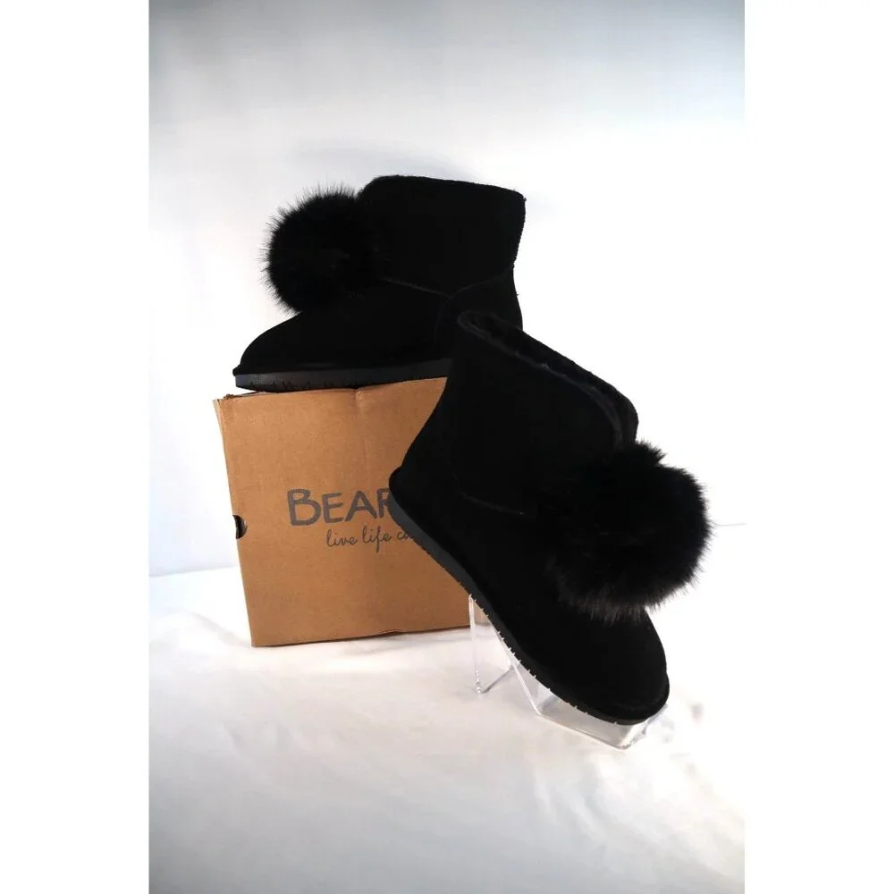 BearPaw Women's‎ Black Faux Fur Pom Pom Ankle Boots Size 9
